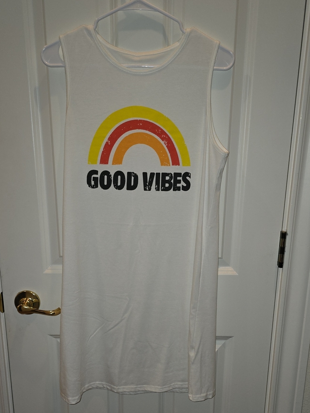 Good Vibes Rainbow Tank Dress - White with Yellow & Orange Graphic